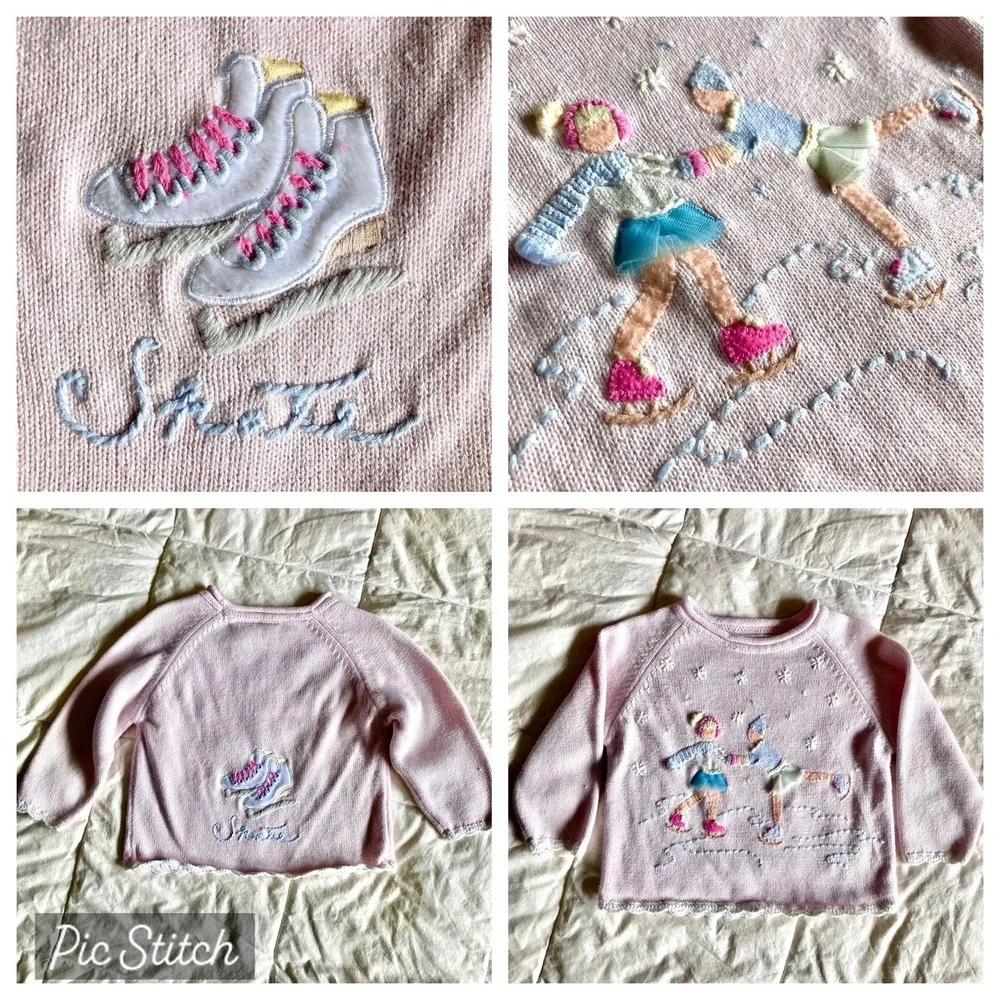 Vtg Embroidered Sweater 3D Girls Ice Skating Pink 2T Cotton Ramie Winter Snow
